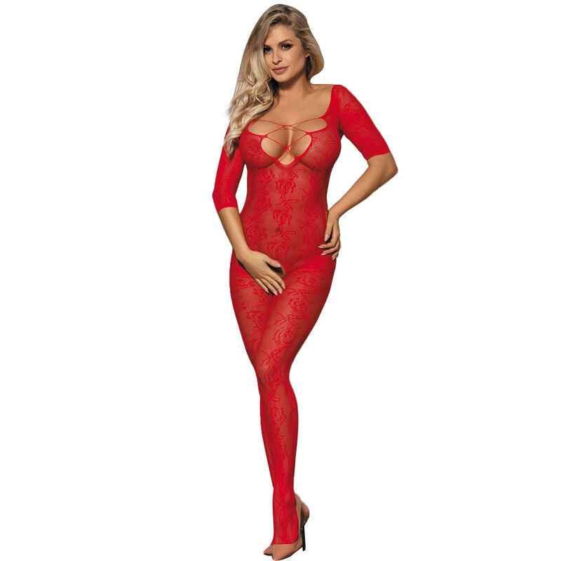 SUBBLIME - 951825 NETZ-BODYSTOCKING OHNE SCHRITT MIT ROTEM ROSENMUSTER, XS/M - Vanelion Paradise