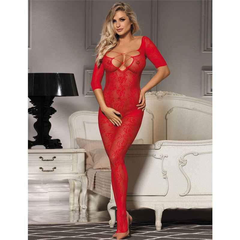 SUBBLIME - 951825 NETZ-BODYSTOCKING OHNE SCHRITT MIT ROTEM ROSENMUSTER, XS/M - Vanelion Paradise