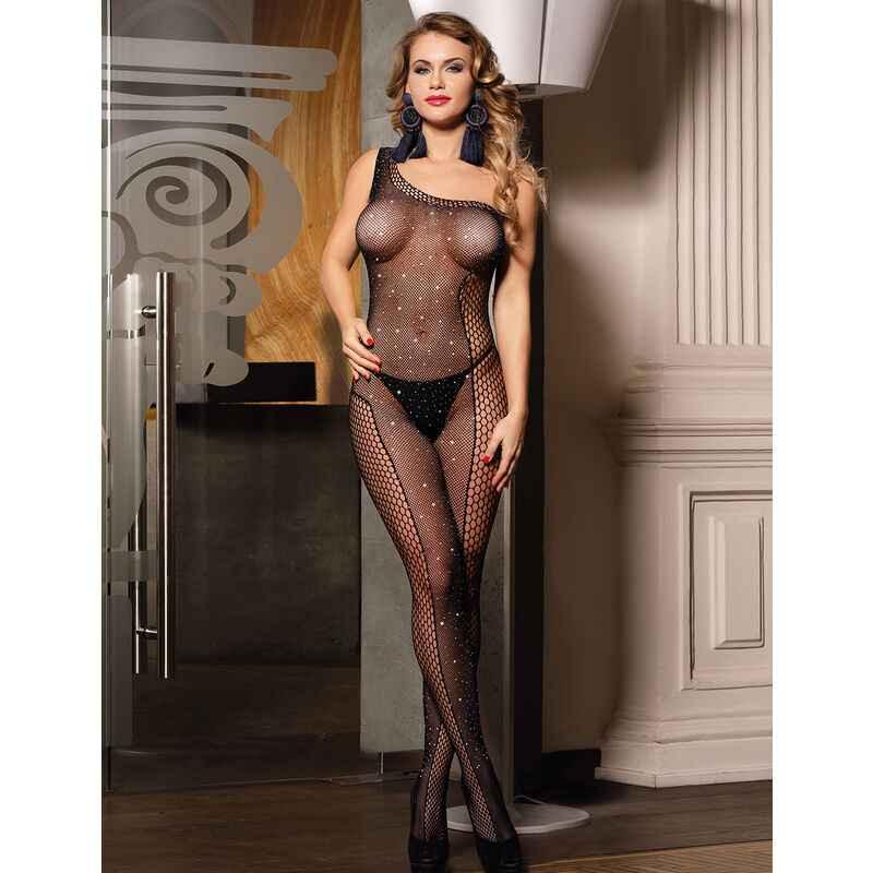 SUBBLIME - 952037 ONE SHOULDER FISHNET BODYSTOCKING MIT DIAMANTEN SCHWARZ EINE GRÖSSE - Vanelion Paradise