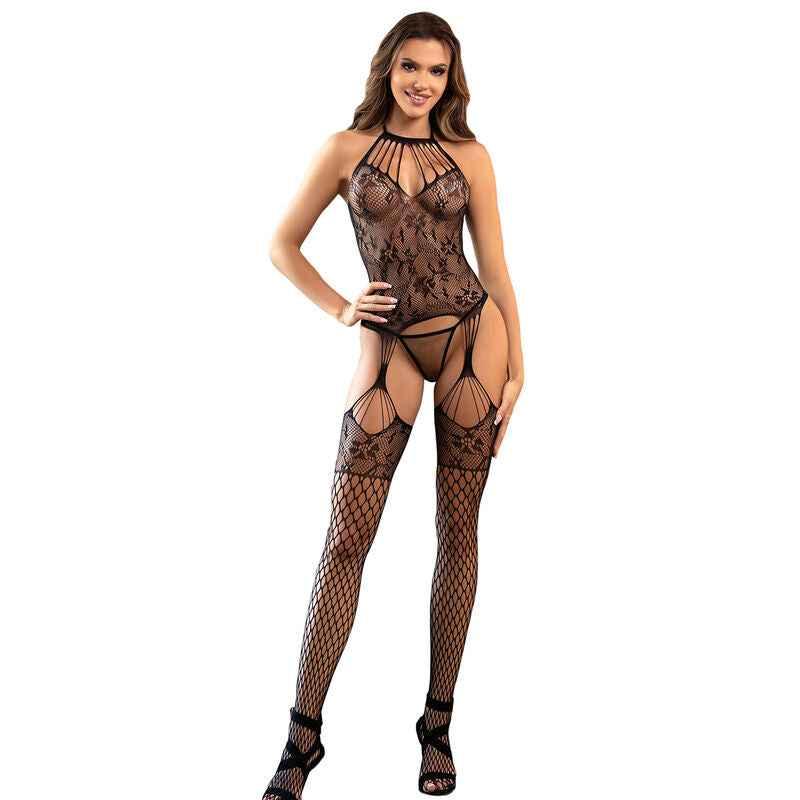 SUBBLIME - 952136 NETZ-BODYSTOCKING OHNE SCHRITT MIT BLUMENDETAILS UND SCHWARZEM NECKHOLDER EINE GRÖSSE - Vanelion Paradise