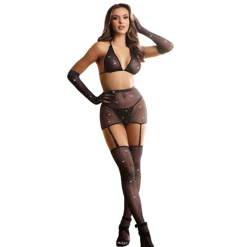 SUBBLIME - 952174 NETZ-BODYSTOCKING MIT HANDSCHUHEN UND DIAMANTEN SCHWARZ EINE GRÖSSE - Vanelion Paradise