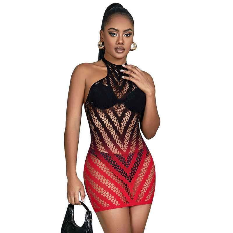SUBBLIME - 952242 ROTER UND SCHWARZER KLEID AUS ELASTISCHEM NETZ MIT ABGESCHNITTENEM DEGRAD EINE GRÖSSE - Vanelion Paradise
