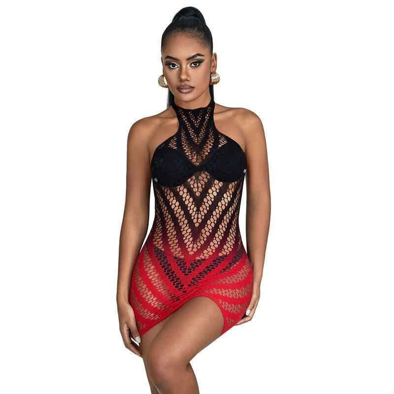 SUBBLIME - 952242 ROTER UND SCHWARZER KLEID AUS ELASTISCHEM NETZ MIT ABGESCHNITTENEM DEGRAD EINE GRÖSSE - Vanelion Paradise