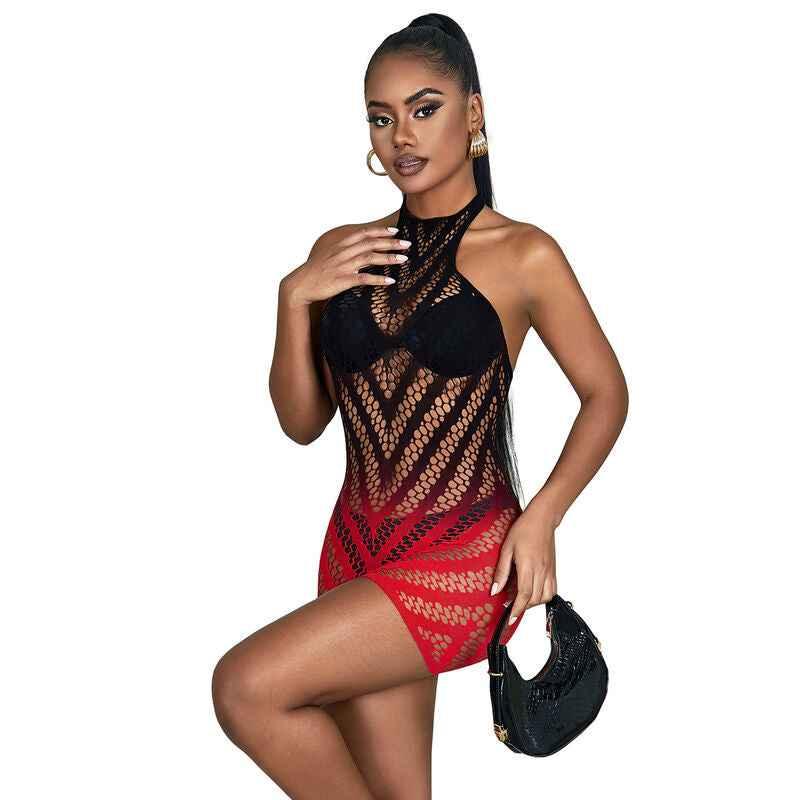 SUBBLIME - 952242 ROTER UND SCHWARZER KLEID AUS ELASTISCHEM NETZ MIT ABGESCHNITTENEM DEGRAD EINE GRÖSSE - Vanelion Paradise
