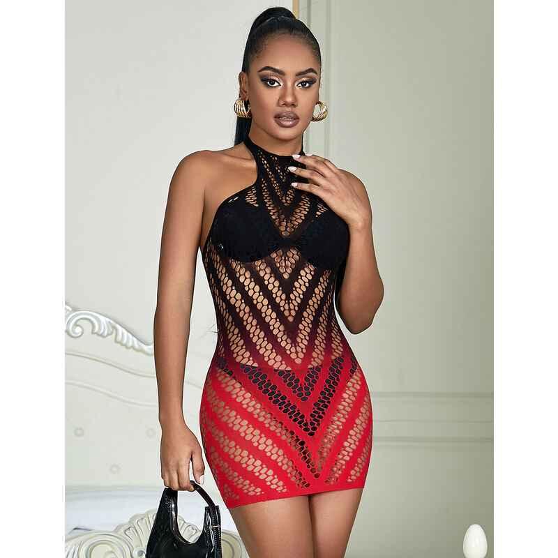 SUBBLIME - 952242 ROTER UND SCHWARZER KLEID AUS ELASTISCHEM NETZ MIT ABGESCHNITTENEM DEGRAD EINE GRÖSSE - Vanelion Paradise