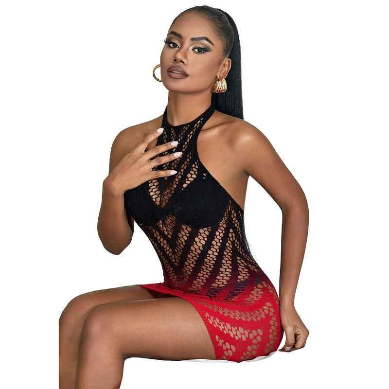 SUBBLIME - 952242 ROTER UND SCHWARZER KLEID AUS ELASTISCHEM NETZ MIT ABGESCHNITTENEM DEGRAD EINE GRÖSSE - Vanelion Paradise