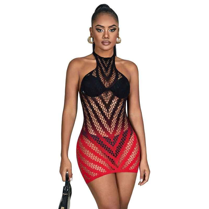 SUBBLIME - 952242 ROTER UND SCHWARZER KLEID AUS ELASTISCHEM NETZ MIT ABGESCHNITTENEM DEGRAD EINE GRÖSSE - Vanelion Paradise