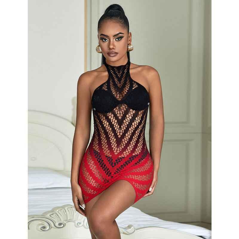 SUBBLIME - 952242 ROTER UND SCHWARZER KLEID AUS ELASTISCHEM NETZ MIT ABGESCHNITTENEM DEGRAD EINE GRÖSSE - Vanelion Paradise