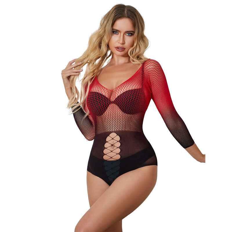 SUBBLIME - 952259 ROTER UND SCHWARZER KLEID MIT LANGEN RMELN UND ELASTISCHEM NETZVERLAUF EINE GRÖSSE - Vanelion Paradise