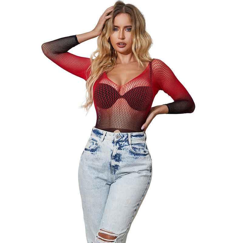 SUBBLIME - 952259 ROTER UND SCHWARZER KLEID MIT LANGEN RMELN UND ELASTISCHEM NETZVERLAUF EINE GRÖSSE - Vanelion Paradise