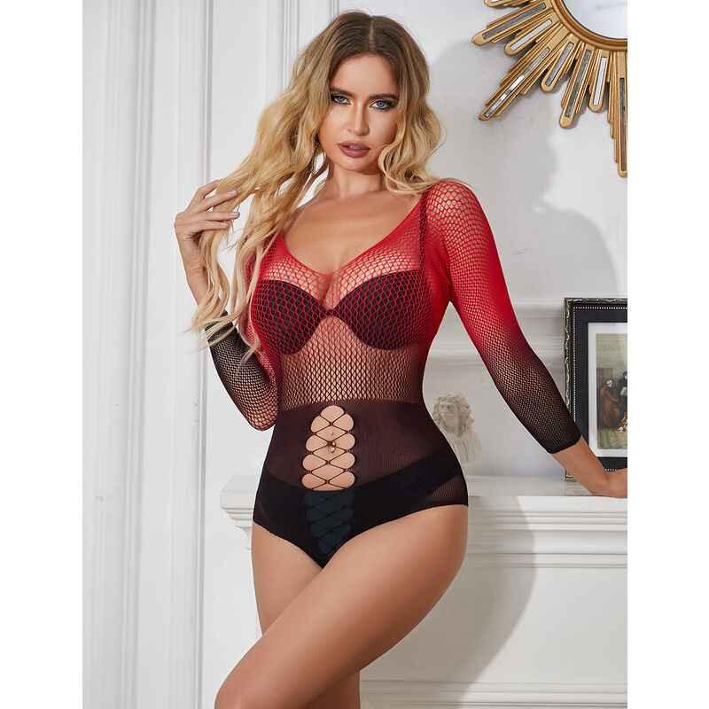SUBBLIME - 952259 ROTER UND SCHWARZER KLEID MIT LANGEN RMELN UND ELASTISCHEM NETZVERLAUF EINE GRÖSSE - Vanelion Paradise