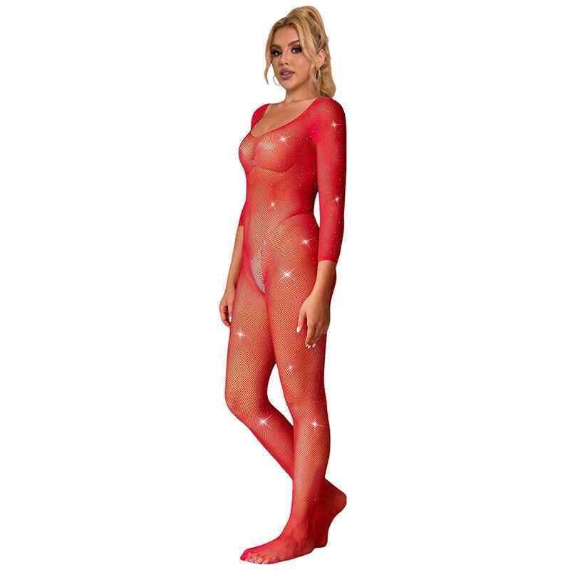 SUBBLIME - 952419 NETZ-BODYSTOCKING MIT DIAMANTEN, LANGE ÄRMEL, ROT, XS/M - Vanelion Paradise
