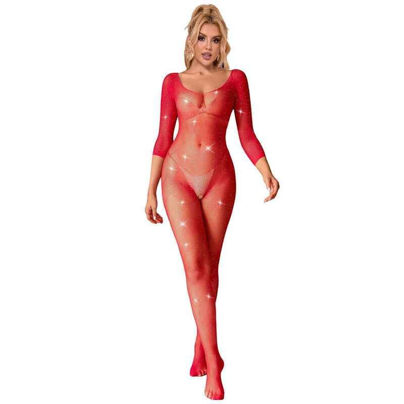 SUBBLIME - 952419 NETZ-BODYSTOCKING MIT DIAMANTEN, LANGE ÄRMEL, ROT, XS/M - Vanelion Paradise