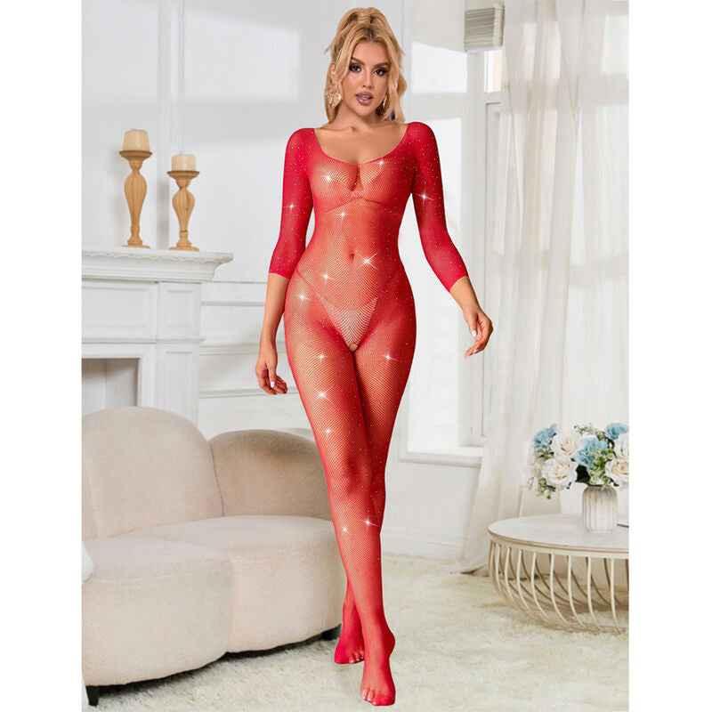 SUBBLIME - 952419 NETZ-BODYSTOCKING MIT DIAMANTEN, LANGE ÄRMEL, ROT, XS/M - Vanelion Paradise