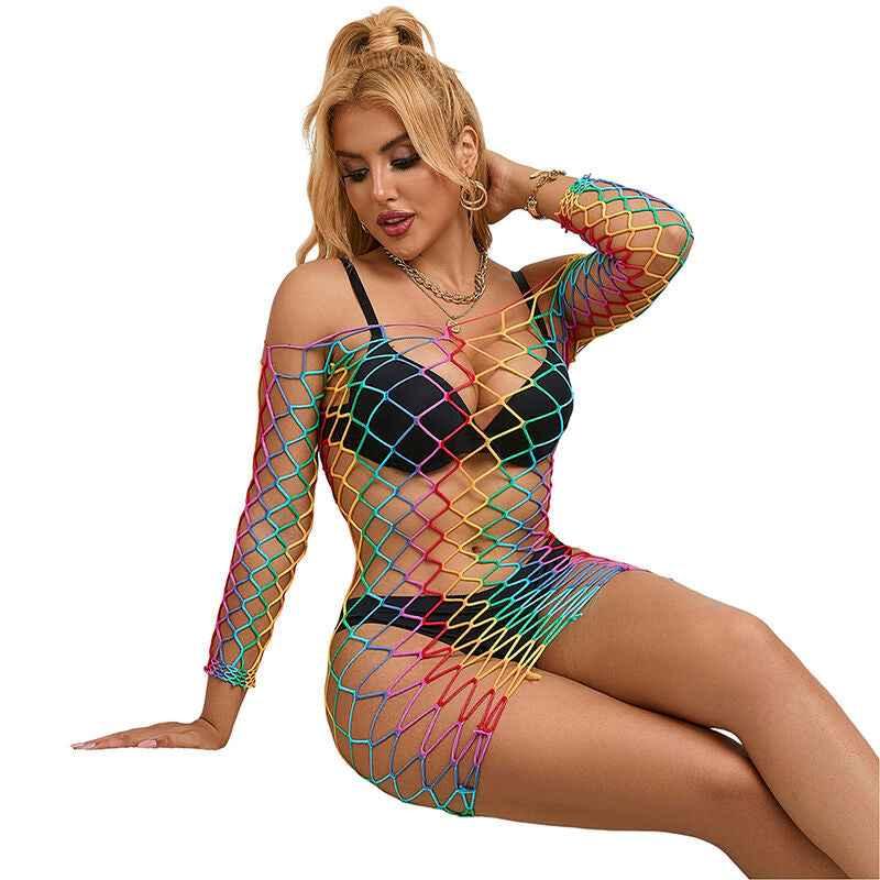 SUBBLIME - 952426 REGENBOGEN-KLEID MIT LANGEN RMELN UND NETZ EINE GRÖSSE - Vanelion Paradise