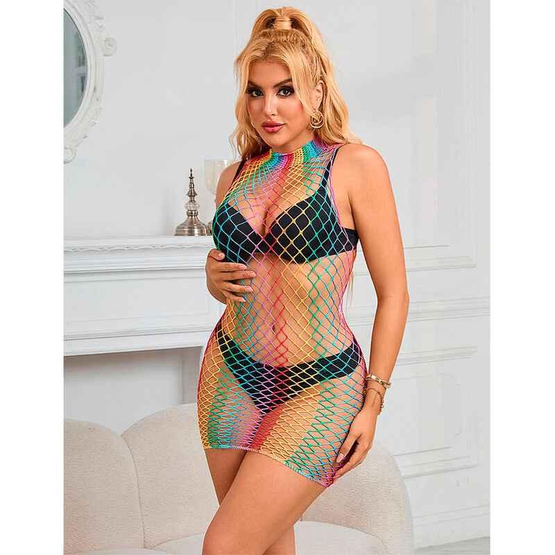 SUBBLIME - 952433 RAINBOW HOHER KRAGEN RMELLOSER NETZ KLEID EINE GRÖSSE - Vanelion Paradise