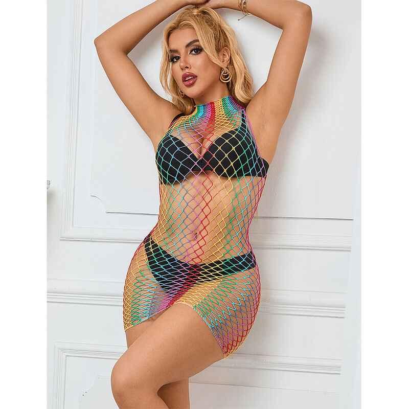 SUBBLIME - 952433 RAINBOW HOHER KRAGEN RMELLOSER NETZ KLEID EINE GRÖSSE - Vanelion Paradise