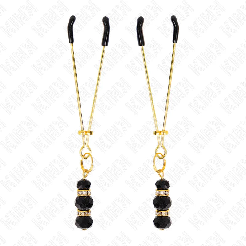 KINK - GOLDENE DÜNNE NIPPELKLEMMEN MIT 3 SCHWARZEN GLASPERLEN 7 CM - Vanelion Paradise