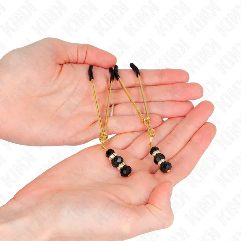 KINK - GOLDENE DÜNNE NIPPELKLEMMEN MIT 3 SCHWARZEN GLASPERLEN 7 CM - Vanelion Paradise
