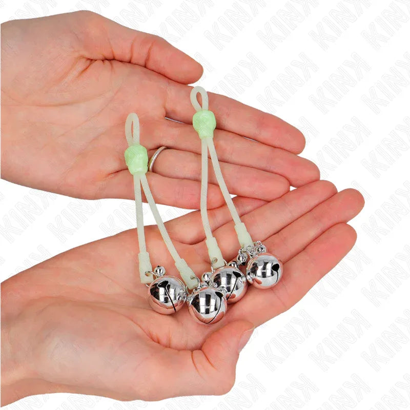 KINK - LEUCHTENDE TOTENKOPF-NIPPELKLAMMERN MIT RINGGLÖCKCHEN VERSTELLBAR GRÜN/SILBER - Vanelion Paradise