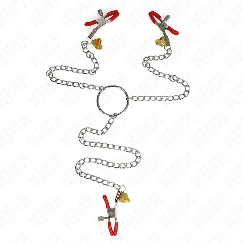 KINK - BELL 3-FACH NIPPEL- UND KLITORISKLEMMEN ROT MIT KETTE 30 CM - Vanelion Paradise
