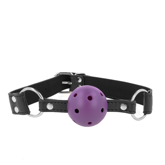 KINK - ATMUNGSAKTIVER BALL 4 CM KNEBEL MIT DOPPELNIET LILA 62,5 x 2,5 CM VERSTELLBAR 42-58 CM