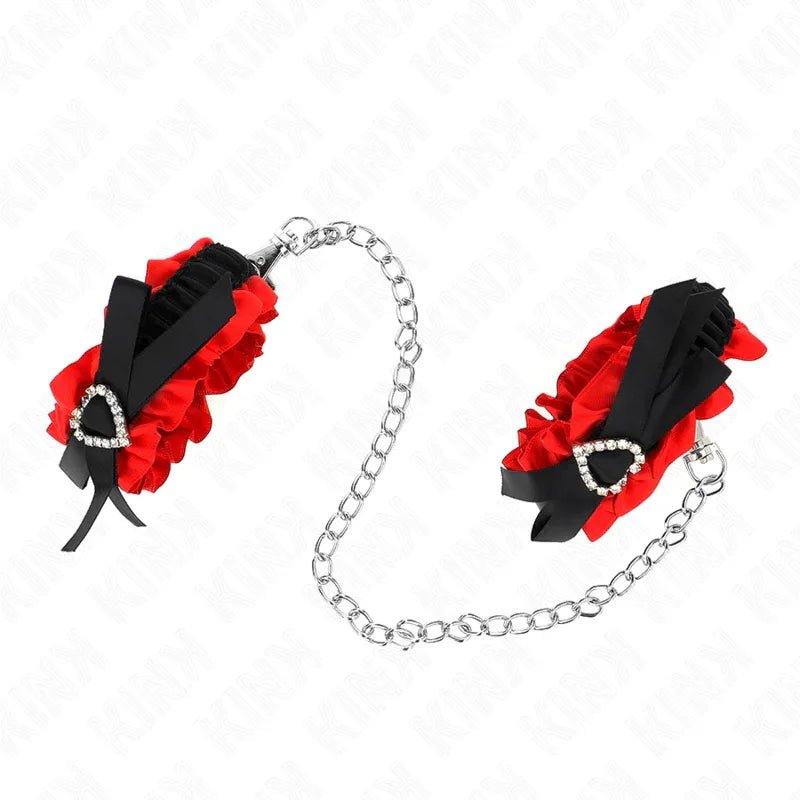 Verspielte Handfesseln aus Spitze mit Herz & Kette – Rot/Schwarz - Vanelion Paradise
