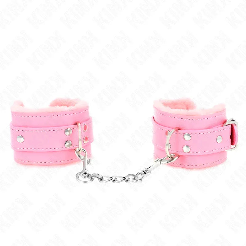 KINK - PELZGEFÜTTERTE HANDGELENKFESSELN ROSA MIT ROSA GÜRTEL VERSTELLBAR 17-29 CM X 6 CM - Vanelion Paradise