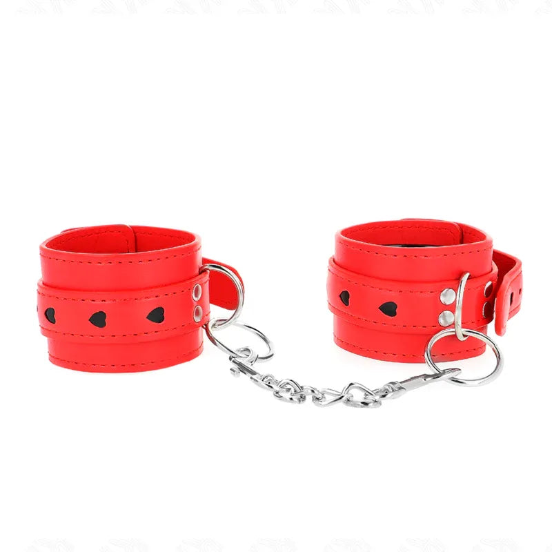 KINK - ROTE HANDGELENKSFESSELN MIT SCHWARZER HERZEINLAGE, VERSTELLBAR 21-28 CM X 5,5 CM - Vanelion Paradise