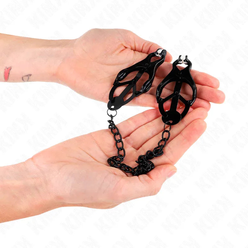 KINK - JAPANISCHE KLEEBLATT-NIPPELKLAMMERN MIT KETTE SCHWARZ 30 CM - Vanelion Paradise