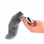 KINK - ANAL PLUG GRÖSSE L 10 X 4 CM MIT KUNSTSTOFFSCHWANZ 40 CM GRAU UND WEISS - Vanelion Paradise