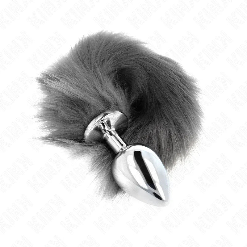 KINK - ANAL PLUG GRÖSSE L 10 X 4 CM MIT KUNSTSTOFFSCHWANZ 40 CM GRAU UND WEISS - Vanelion Paradise