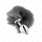 KINK - ANAL PLUG GRÖSSE L 10 X 4 CM MIT KUNSTSTOFFSCHWANZ 40 CM GRAU UND WEISS - Vanelion Paradise