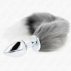 KINK - ANAL PLUG GRÖSSE L 10 X 4 CM MIT KUNSTSTOFFSCHWANZ 40 CM GRAU UND WEISS - Vanelion Paradise