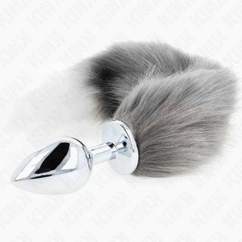 KINK - ANAL PLUG GRÖSSE L 10 X 4 CM MIT KUNSTSTOFFSCHWANZ 40 CM GRAU UND WEISS - Vanelion Paradise