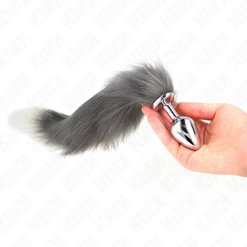 KINK - ANAL PLUG GRÖSSE M 8 X 3,5 CM MIT KUNSTSTOFFSCHWANZ 40 CM GRAU UND WEISS - Vanelion Paradise