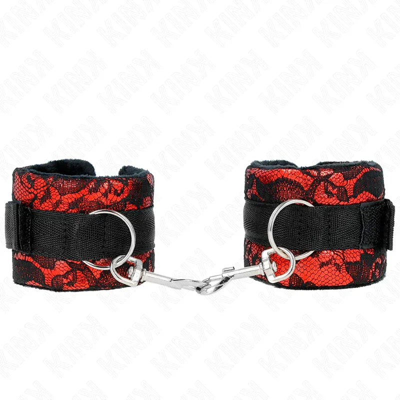 KINK - KURZE HANDGELENKSFESSELN AUS SAMTSPITZE UND NYLONFESSEL ROT/SCHWARZ 23 X 6,5 CM - Vanelion Paradise