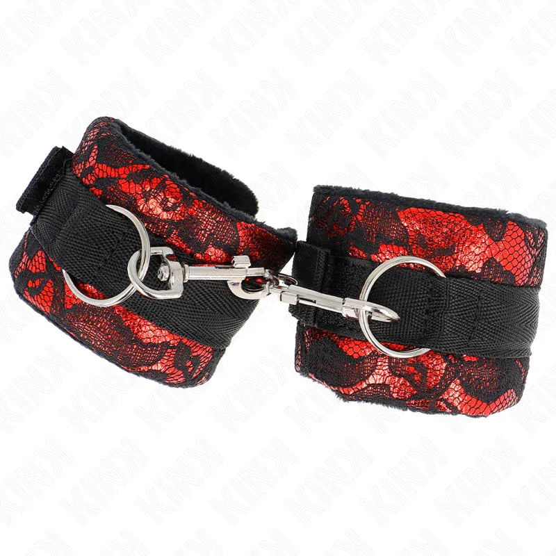 KINK - KURZE HANDGELENKSFESSELN AUS SAMTSPITZE UND NYLONFESSEL ROT/SCHWARZ 23 X 6,5 CM - Vanelion Paradise
