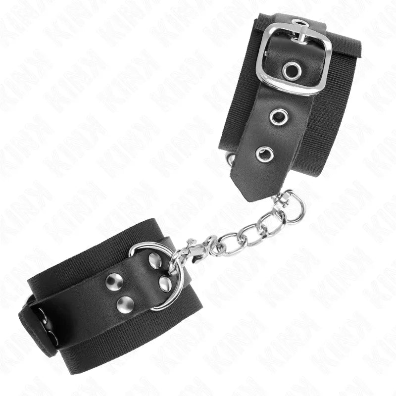 KINK - NYLON HANDGELENKFESSELN SCHWARZ MIT LEDERGURTE SCHWARZ VERSTELLBAR 19-29 CM X 5,1 CM - Vanelion Paradise