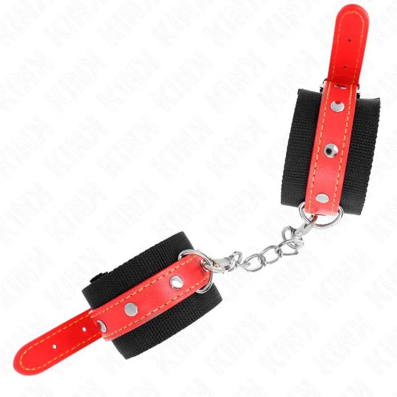 KINK - NYLON HANDGELENKFESSELN SCHWARZ MIT KUNSTLEDER ROT VERSTELLBAR 19-24 CM X 5,5 CM - Vanelion Paradise
