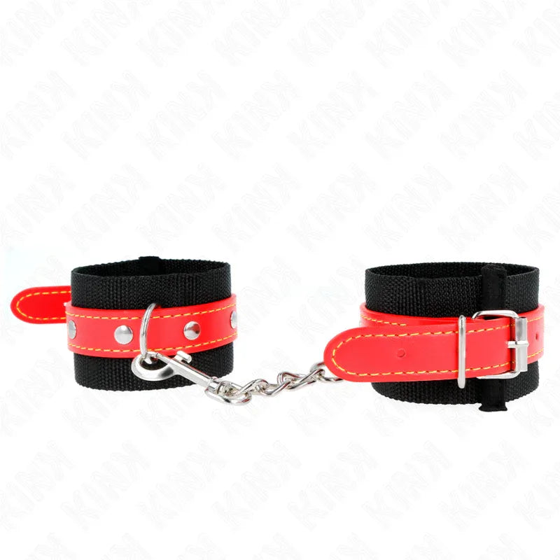 KINK - NYLON HANDGELENKFESSELN SCHWARZ MIT KUNSTLEDER ROT VERSTELLBAR 19-24 CM X 5,5 CM - Vanelion Paradise