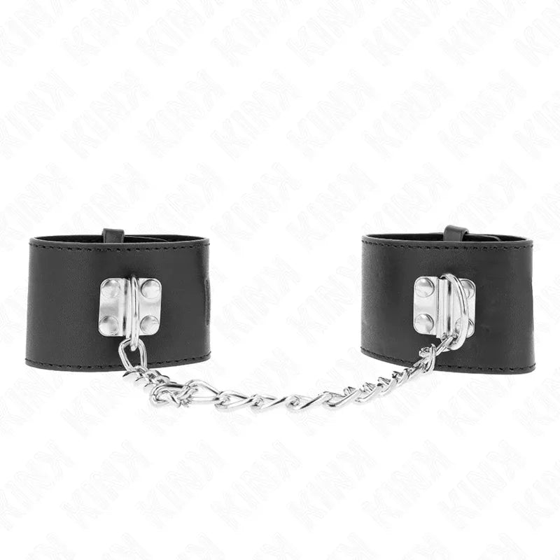 KINK - FESTE HANDGELENKFESSELN MIT KETTE 30 CM UND VORHÄNGESCHLOSS VERSCHLUSS SCHWARZ VERSTELLBAR 16-23 CM X 5,5 CM - Vanelion Paradise