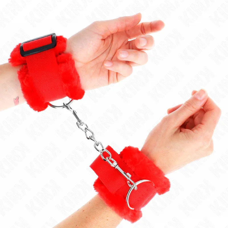 KINK - PELZGEFÜTTERTE HANDGELENKFESSELN ROT VERSTELLBAR 17-31 CM X 7 CM - Vanelion Paradise
