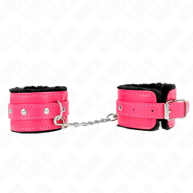 KINK - PREMIUM PELZGEFÜTTERTE HANDGELENKFESSELN SCHWARZ MIT HIMBEERROSEN-GÜRTEL VERSTELLBAR 17-29 CM X 6 CM - Vanelion Paradise