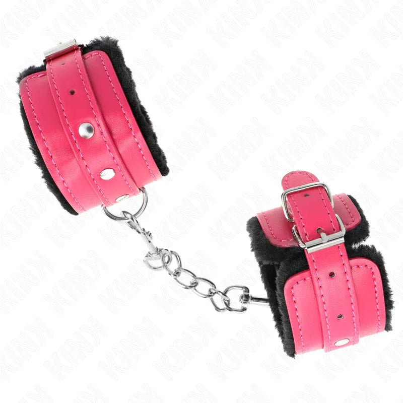 KINK - PREMIUM PELZGEFÜTTERTE HANDGELENKFESSELN SCHWARZ MIT HIMBEERROSEN-GÜRTEL VERSTELLBAR 17-29 CM X 6 CM - Vanelion Paradise