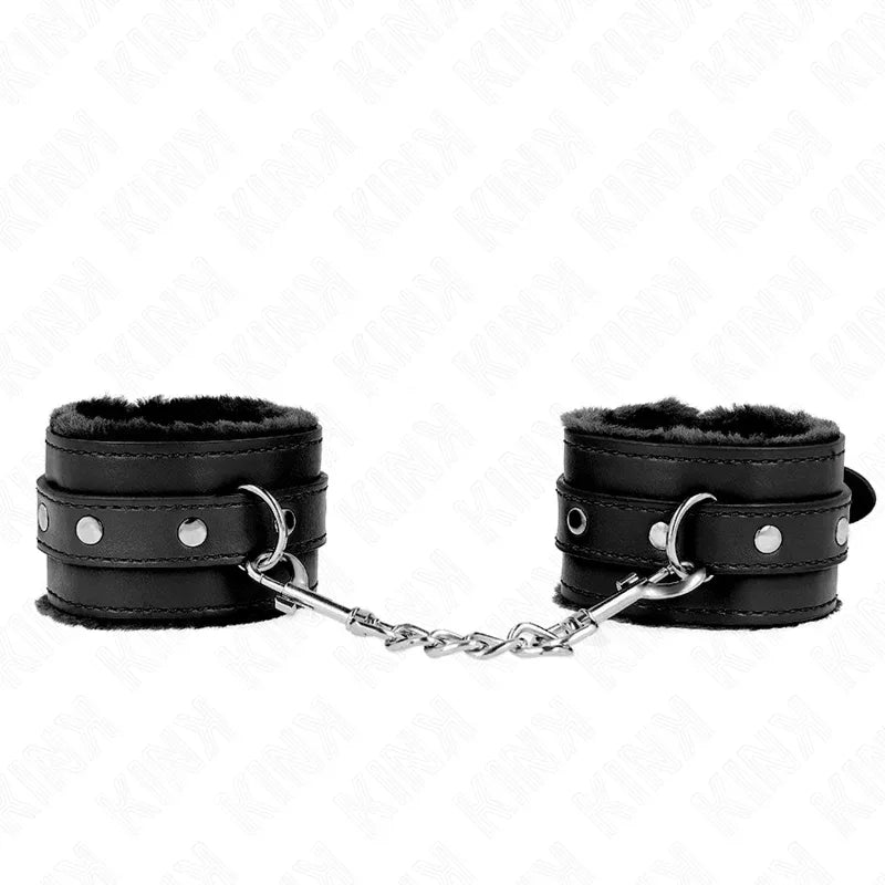 KINK - PREMIUM PELZGEFÜTTERTE HANDGELENKFESSELN SCHWARZ MIT SCHWARZEM GÜRTEL VERSTELLBAR 17-29 CM X 6 CM - Vanelion Paradise