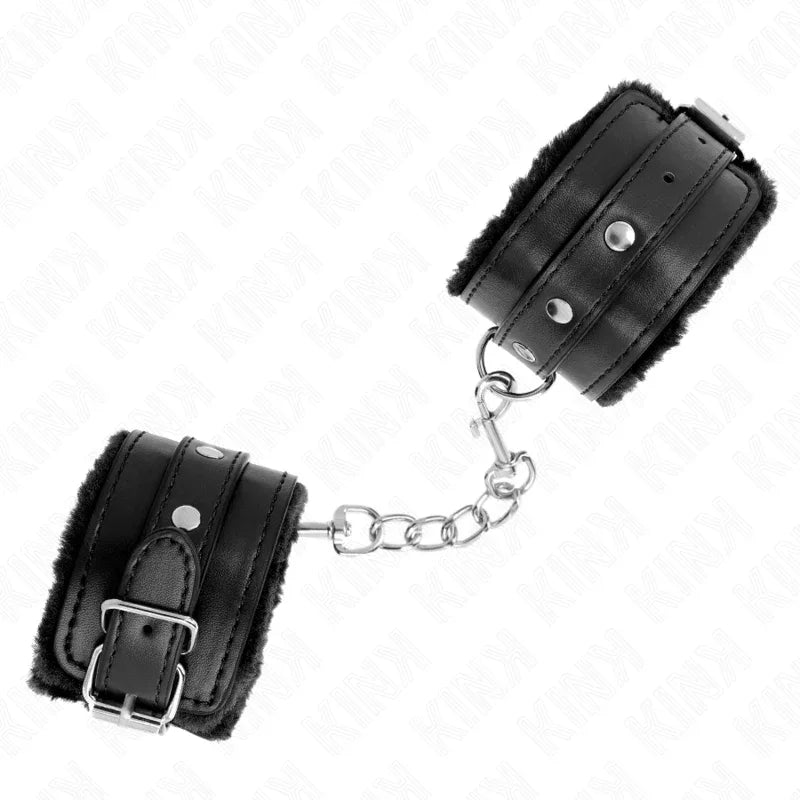 KINK - PREMIUM PELZGEFÜTTERTE HANDGELENKFESSELN SCHWARZ MIT SCHWARZEM GÜRTEL VERSTELLBAR 17-29 CM X 6 CM - Vanelion Paradise