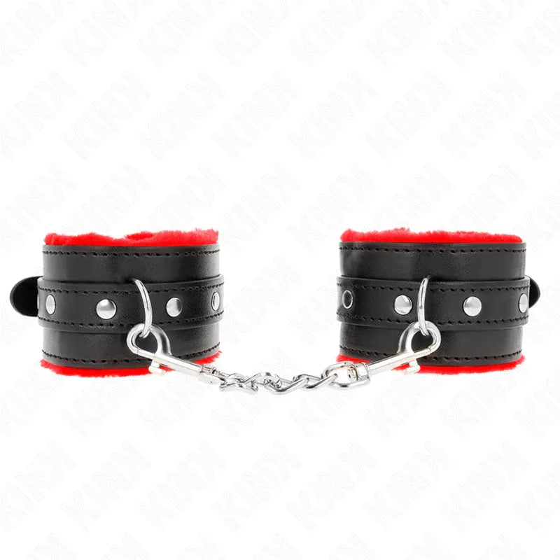 KINK - PREMIUM PELZGEFÜTTERTE HANDGELENKFESSELN ROT MIT SCHWARZEM GÜRTEL VERSTELLBAR 17-29 CM X 6 CM - Vanelion Paradise