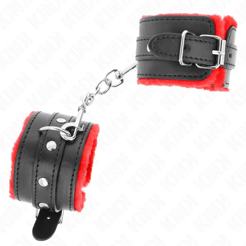 KINK - PREMIUM PELZGEFÜTTERTE HANDGELENKFESSELN ROT MIT SCHWARZEM GÜRTEL VERSTELLBAR 17-29 CM X 6 CM - Vanelion Paradise