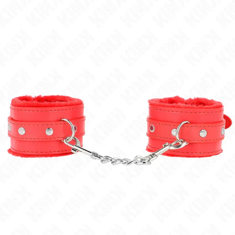 KINK - PREMIUM PELZGEFÜTTERTE HANDGELENKFESSELN ROT MIT ROTEM GÜRTEL VERSTELLBAR 17-29 CM X 6 CM - Vanelion Paradise